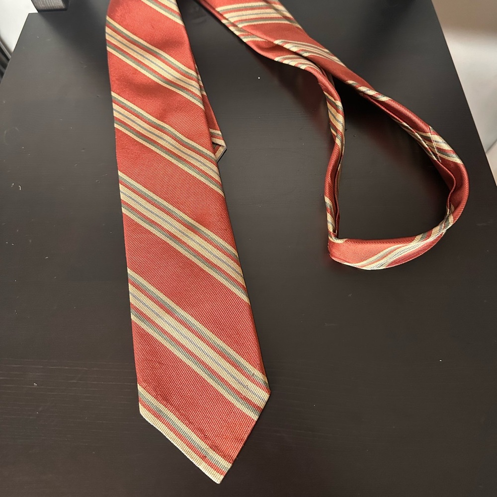 Polo Ralph Lauren Brittany Silk Tie Diagonal Stripe Salmon Orange Gold Yellow ￼
